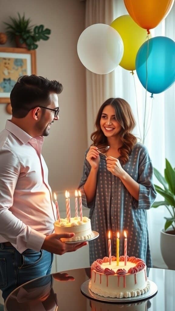 A woman holding balloons and smiling at a man in a cozy room with a cake that says 'YOU' on it.