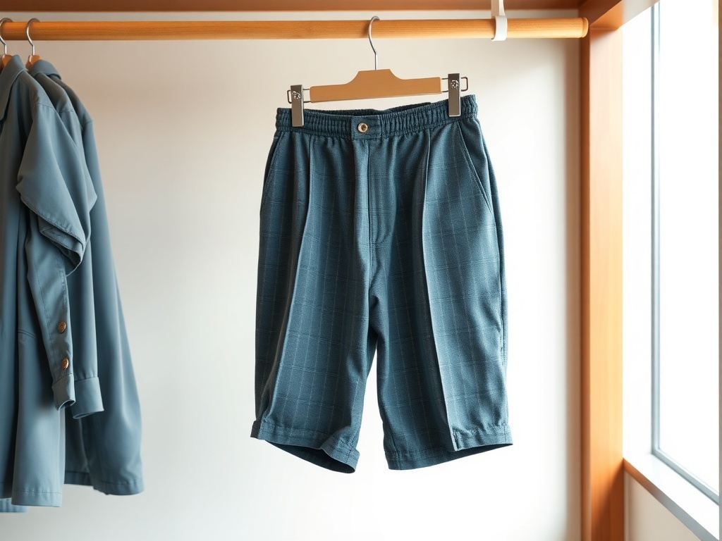 A pair of classic tailored shorts hanging on a wooden hanger next to a light blue shirt.