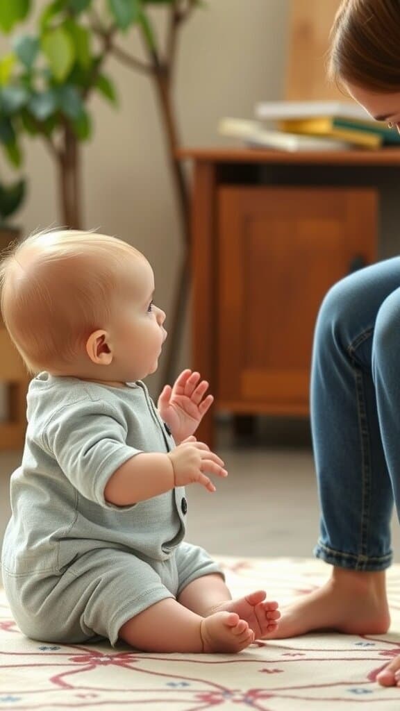 A baby sitting on the floor looking up at an adult, engaged and attentive.