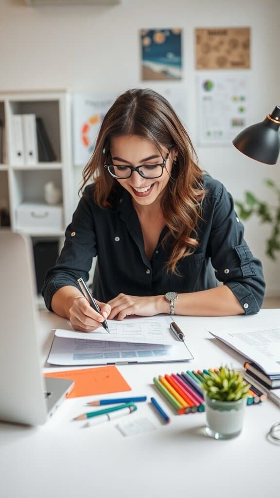 A woman working at a desk with motivational quotes on the wall, showcasing ambition and drive.