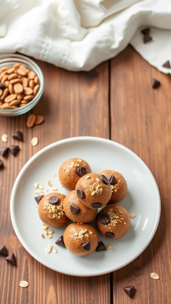 A plate of chocolate peanut butter energy bites topped with chocolate chips and oats on a wooden table.