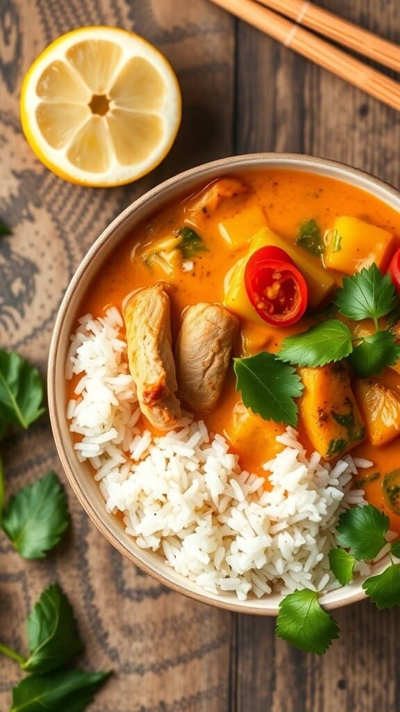 A bowl of Thai coconut curry with chicken, served with rice and garnished with cilantro and chili slices.