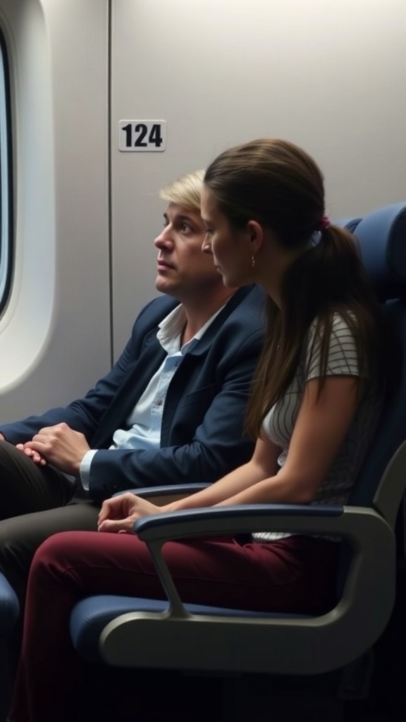 A couple sitting together on a train, engaged in conversation.