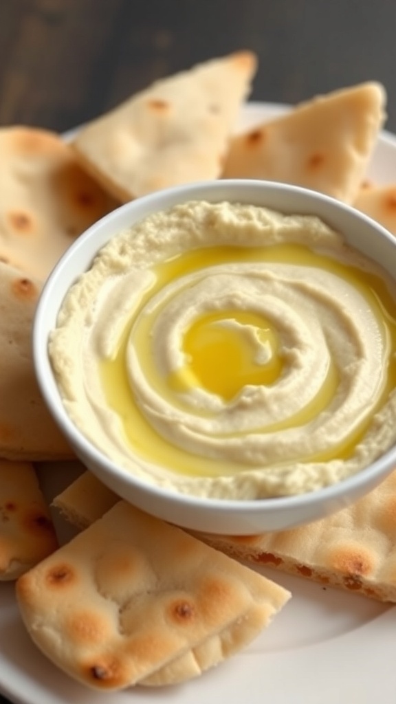 A bowl of mild hummus topped with olive oil, surrounded by pieces of flatbread.