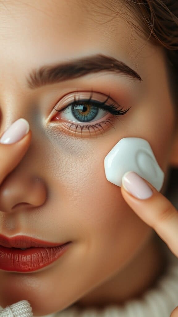 A woman applying eye cream to her under-eye area.