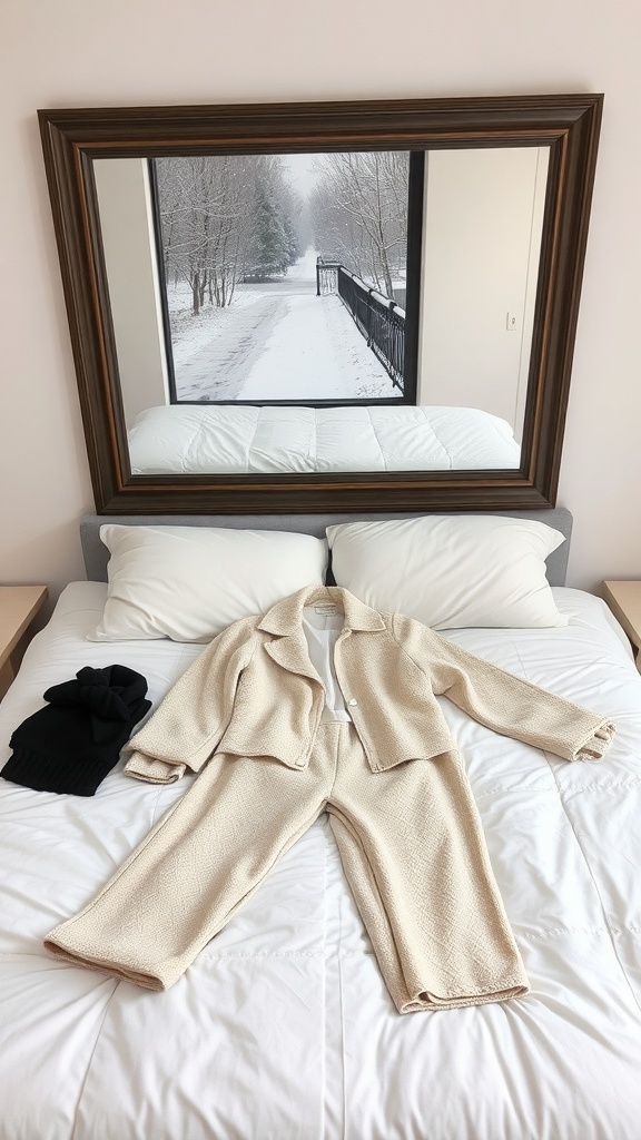 A cream-colored jacket and pants laid out on a bed with a black scarf, reflecting a cozy winter outfit.