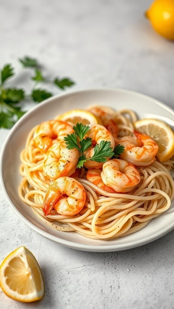 A plate of shrimp scampi with linguine, garnished with parsley and lemon slices.