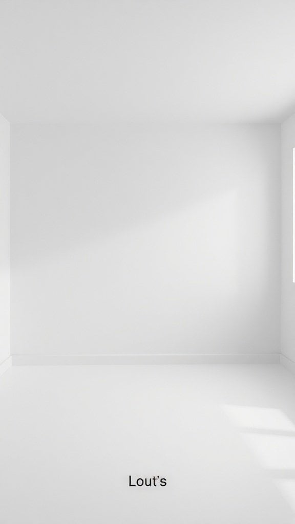 An empty, minimalist room with white walls and floor
