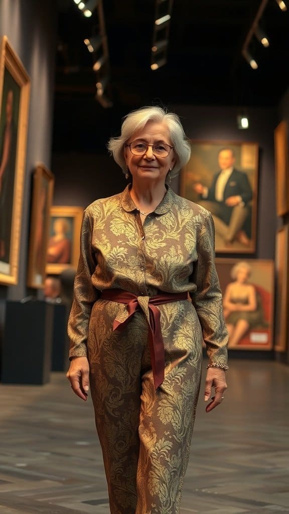 A woman over 50 wearing a patterned outfit with a belt, walking in an art gallery.