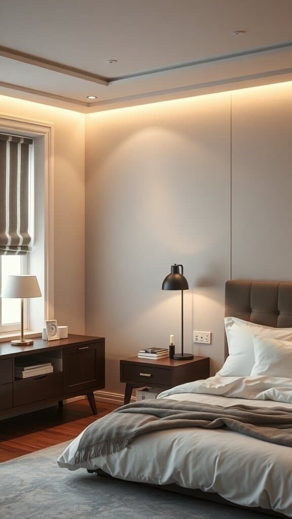 A cozy bedroom with soft lighting, a stylish bedside lamp, and a comfortable bed.