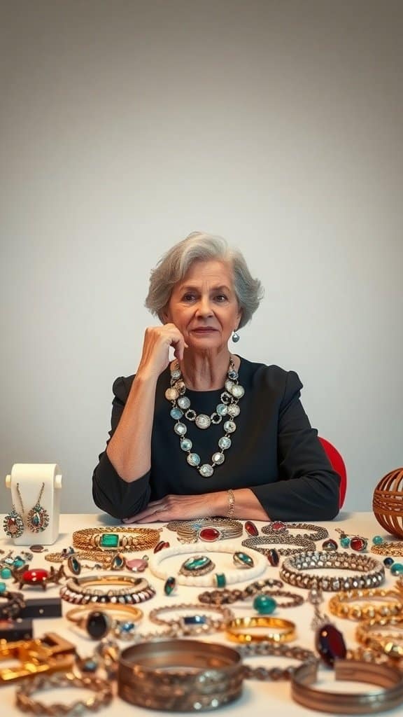 A woman with gray hair wearing a statement necklace, surrounded by various pieces of jewelry.