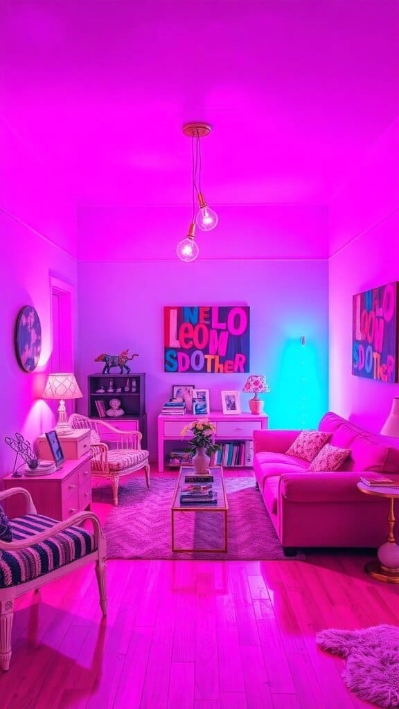 A brightly colored room featuring neon pink and blue walls with colorful artwork.
