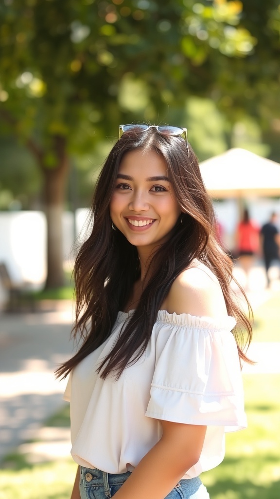 A woman smiling while wearing an off-shoulder top and denim shorts, standing outdoors.
