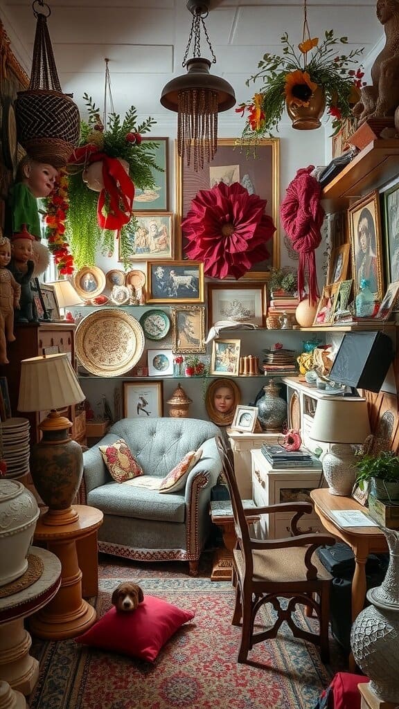 A cluttered room filled with various decorative items, including plants, framed pictures, and furniture.