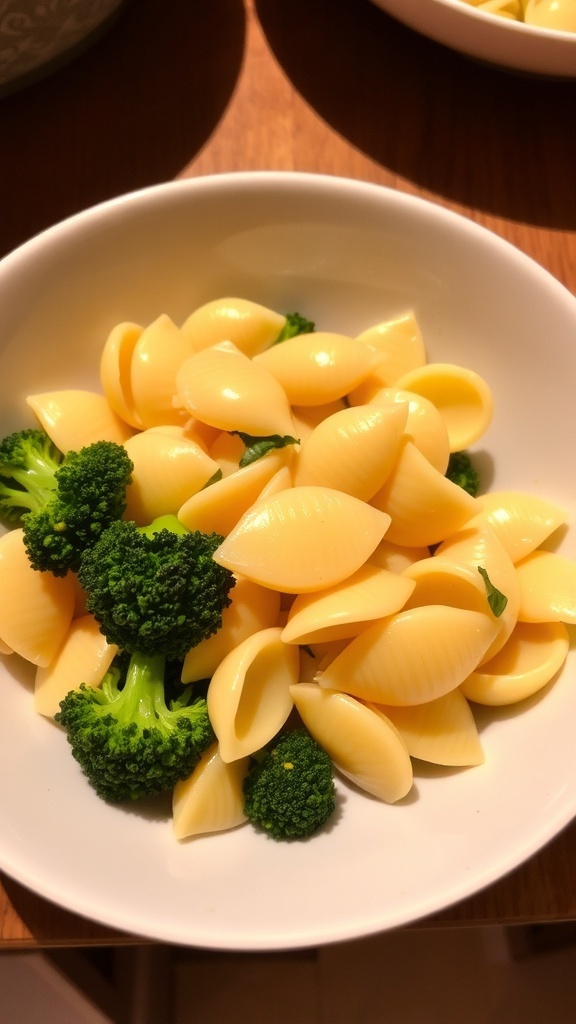 A bowl of unseasoned shell pasta with broccoli, showcasing a simple and polite dish.