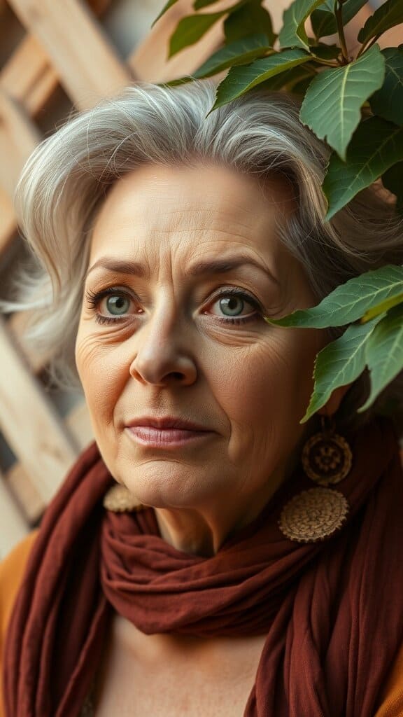A woman with gray hair wearing a warm-toned scarf, showcasing subtle makeup with warm earthy eyeshadow.