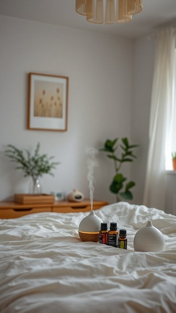A cozy bedroom with a diffuser and essential oils on a bed, creating a calming atmosphere.