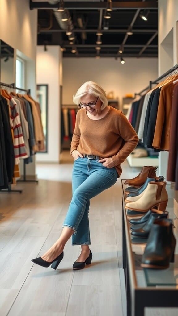 A woman trying on black heels in a clothing store, surrounded by various shoes.