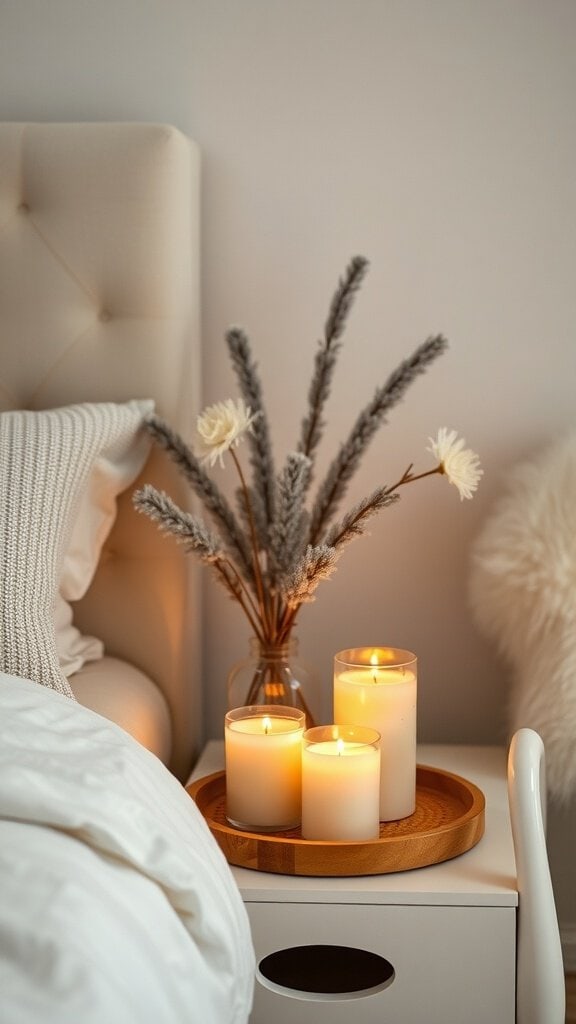 A cozy bedroom scene featuring scented candles on a bedside table, creating a warm and inviting atmosphere.