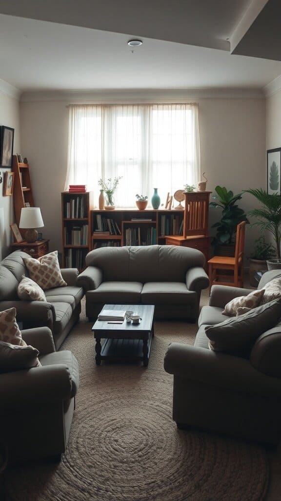 A cozy living room with overstuffed sofas and a round coffee table, showcasing a cluttered look.