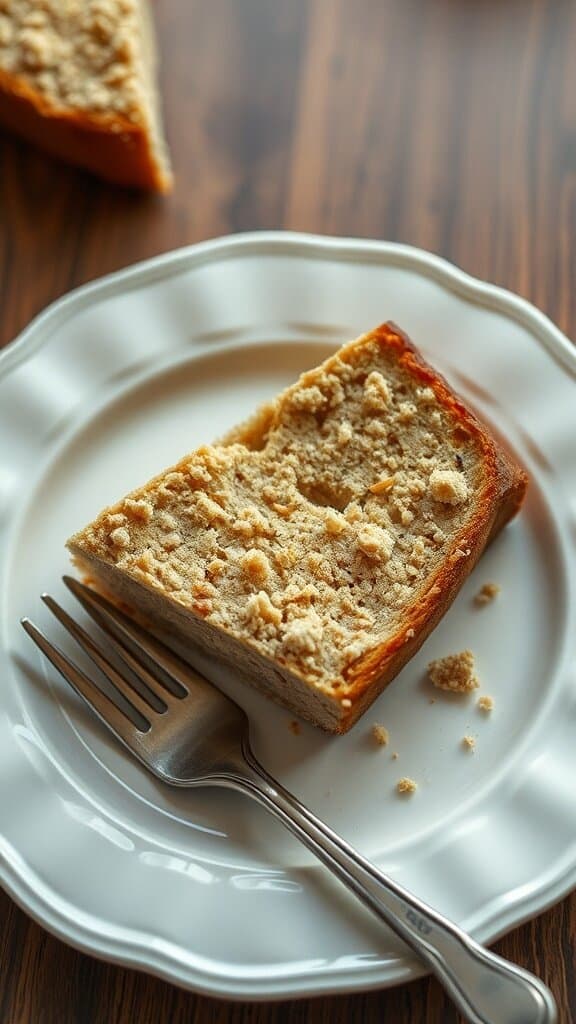 A slice of dry, crumbly cake on a plate with a fork beside it.