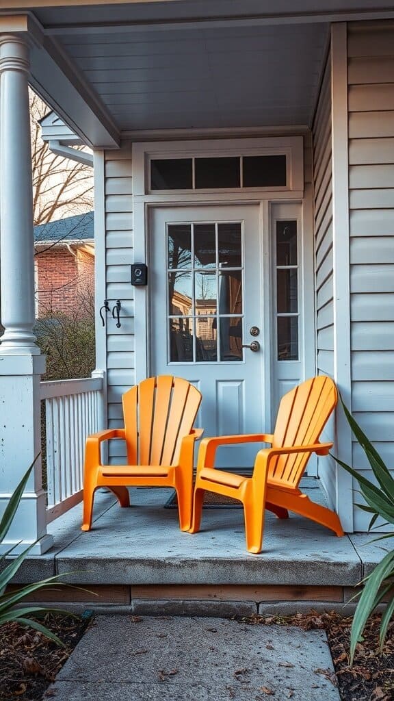Two bright orange plastic lawn chairs on a porch