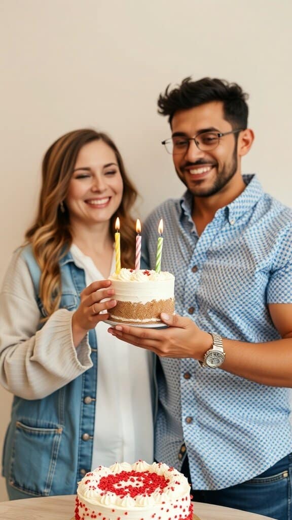 A couple celebrating with a cake, showcasing love and support.