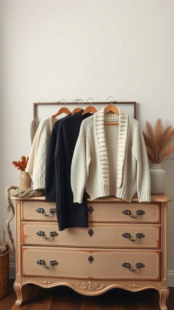 A collection of cozy knit cardigans in cream and navy displayed on a wooden dresser.