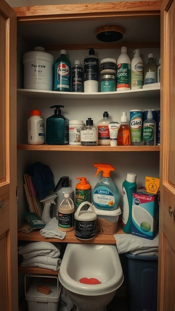 Cluttered bathroom cabinet filled with cleaning supplies and toiletries