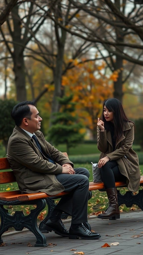 A man and woman sitting on a bench in a park, engaged in a deep conversation during autumn.