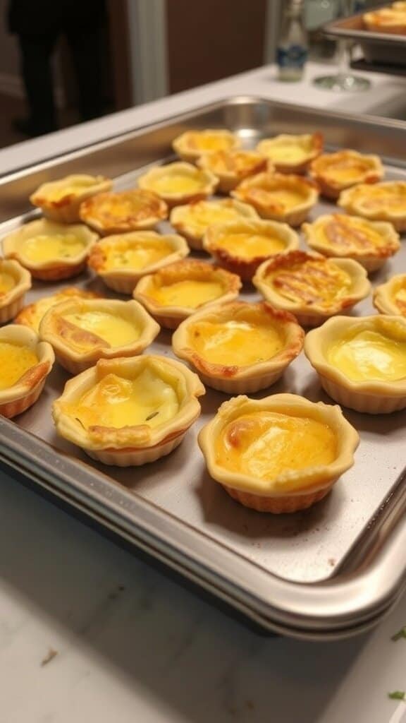 A tray of mini quiches, some looking soggy and unappetizing.