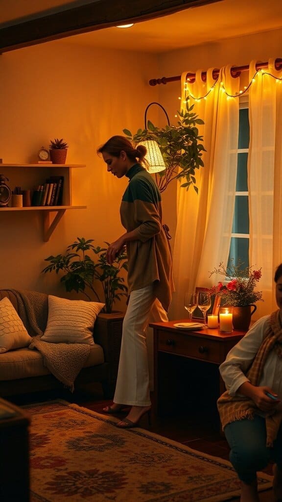 A woman in a cozy room with warm lighting, preparing for a gathering.