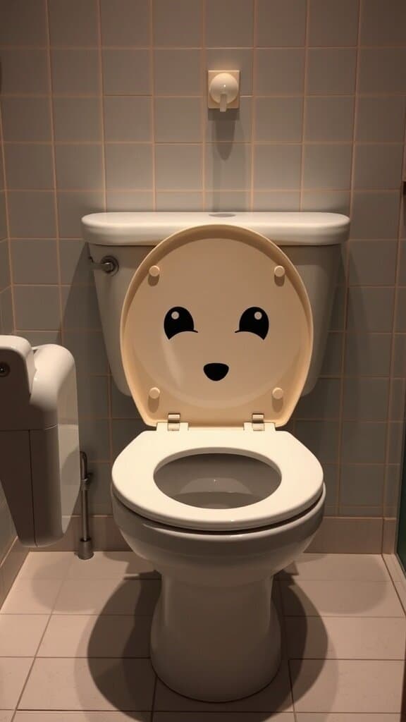 A toilet with a novelty seat featuring a smiley face design.