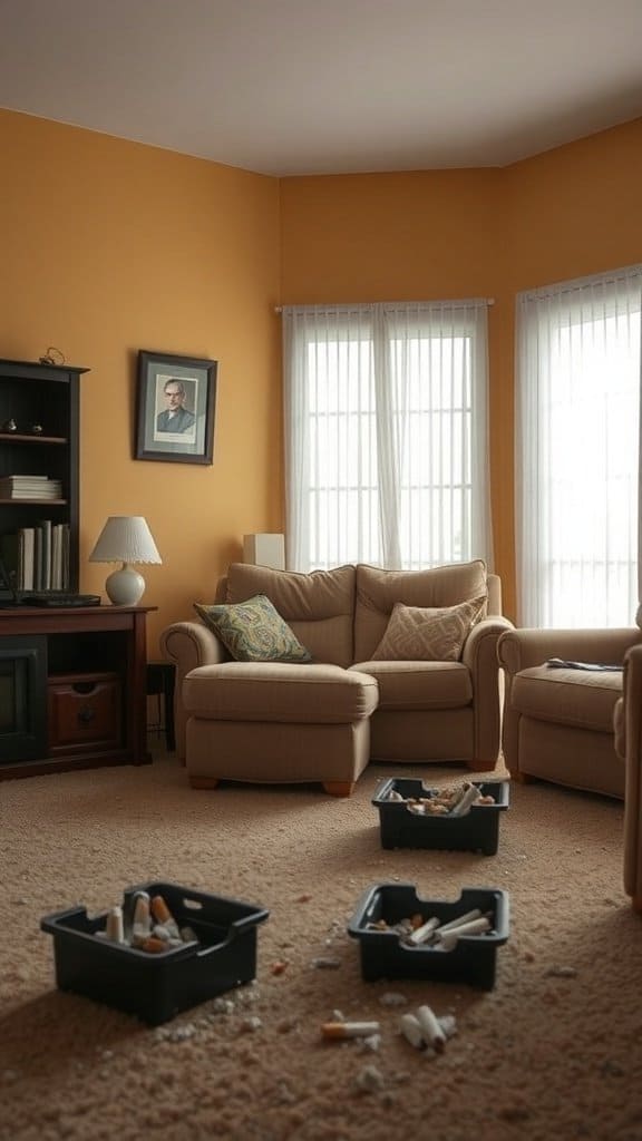 A living room with a couch, ashtrays filled with cigarette butts, and a warm orange wall.