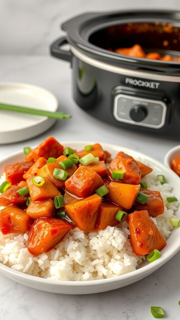 A plate of sweet and sour chicken served over rice with green onions, next to a crockpot.
