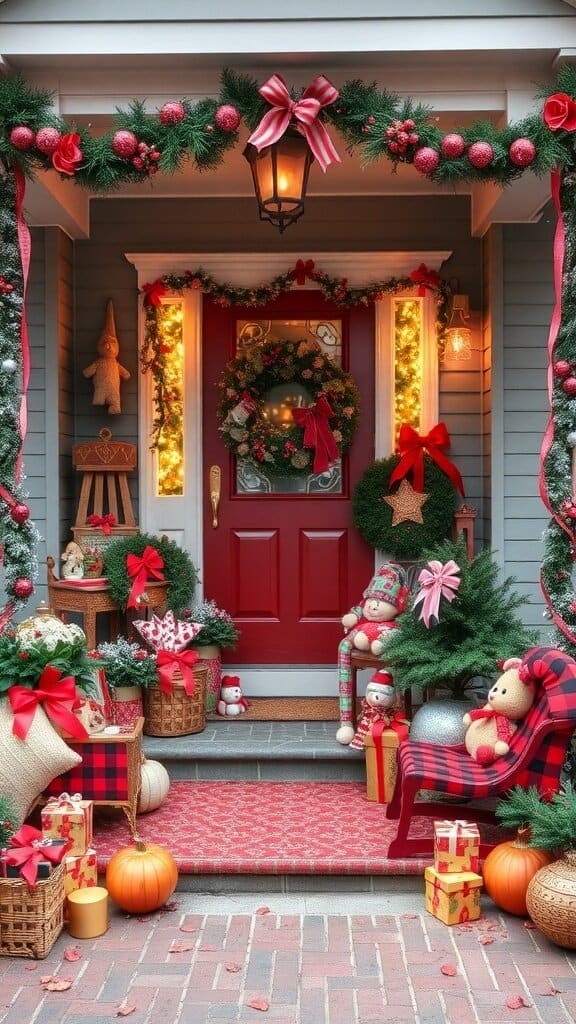 A cluttered front porch decorated for the holidays with numerous items including wreaths, plush toys, and pumpkins.