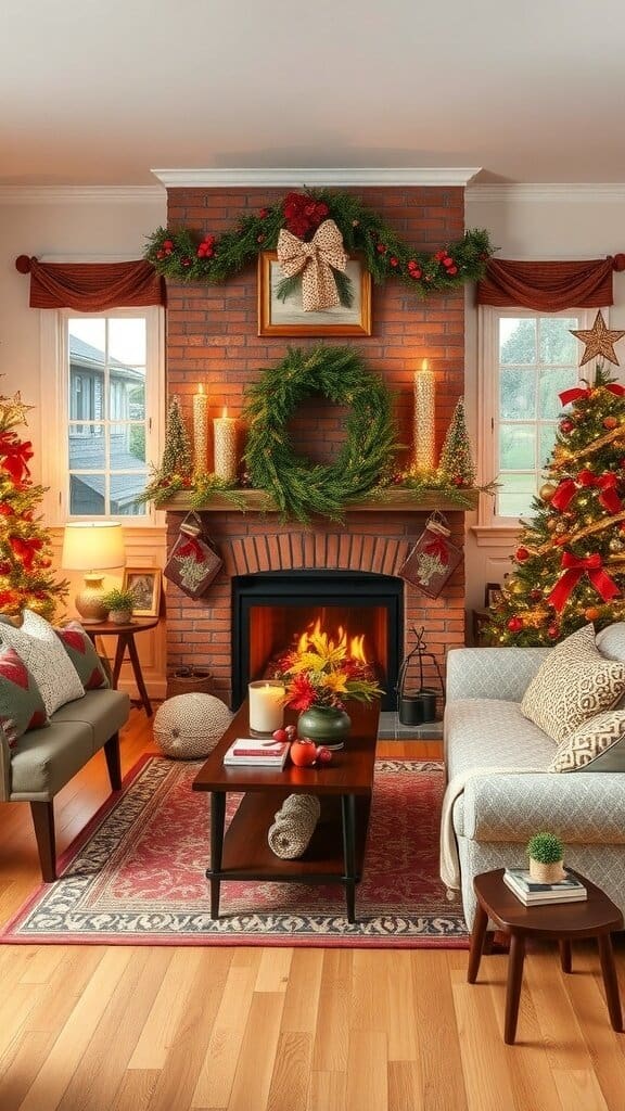 Cozy living room decorated for the holidays with a fireplace, wreath, and Christmas trees.