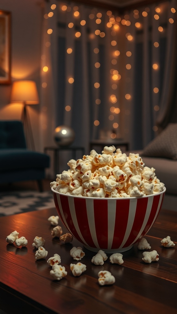 A large bowl of overly buttered popcorn on a wooden table with some scattered popcorn around it.