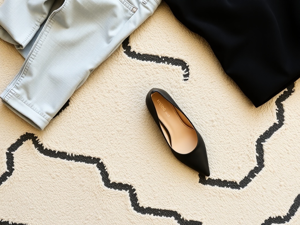 A black flat shoe next to light blue pants and a black top on a patterned rug.