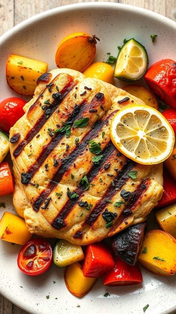 Grilled chicken with lemon and mixed vegetables on a plate