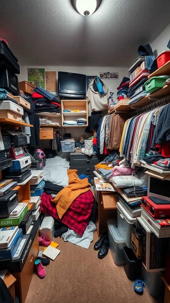A cluttered bedroom filled with clothes, boxes, and personal items.