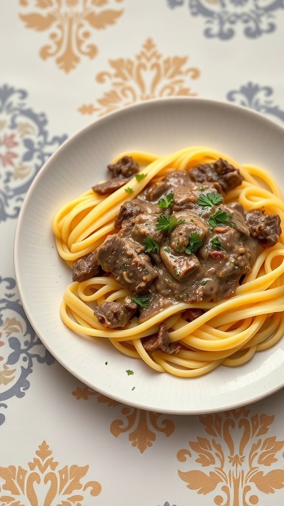 A plate of Beef Stroganoff with egg noodles, garnished with parsley.
