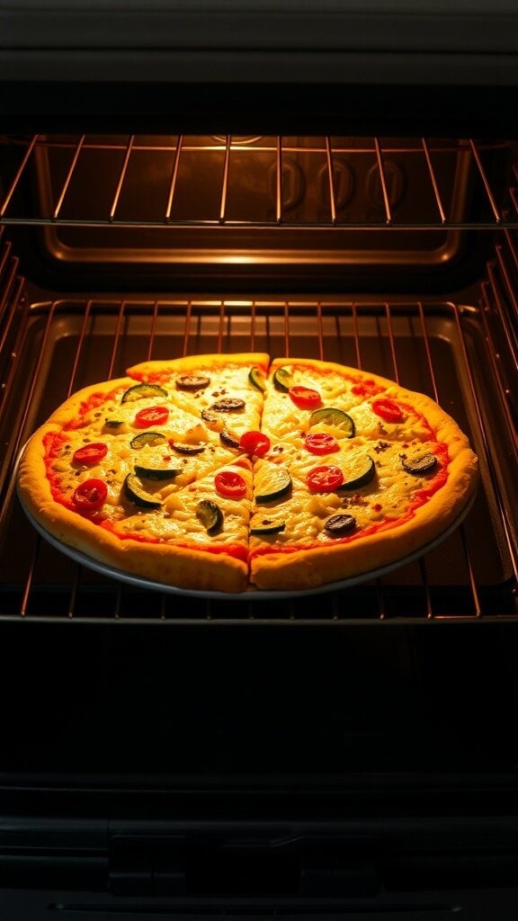Frozen veggie pizza baking in the oven