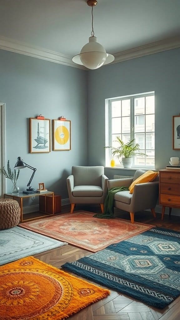A cozy living room with various colorful rugs on the floor, showcasing different patterns and textures.
