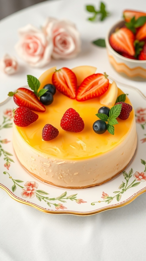 A beautifully presented brightly colored flan topped with fresh fruits and mint leaves.