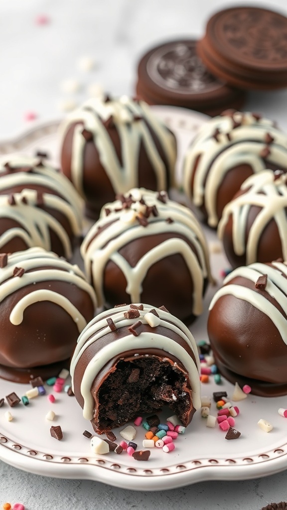 A plate of Oreo truffles drizzled with white chocolate and topped with colorful sprinkles.