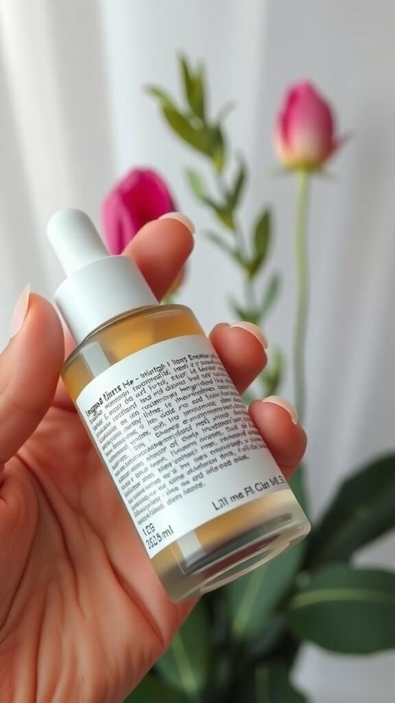 A hand holding a serum bottle with a detailed ingredient label, surrounded by flowers.
