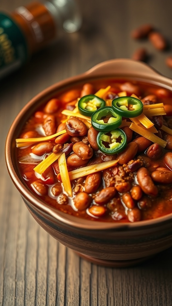 A bowl of Chili Con Carne topped with jalapeños and cheese, with a spice jar in the background.