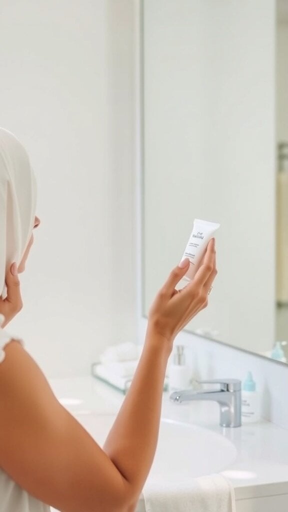 A woman applying skincare in front of a mirror