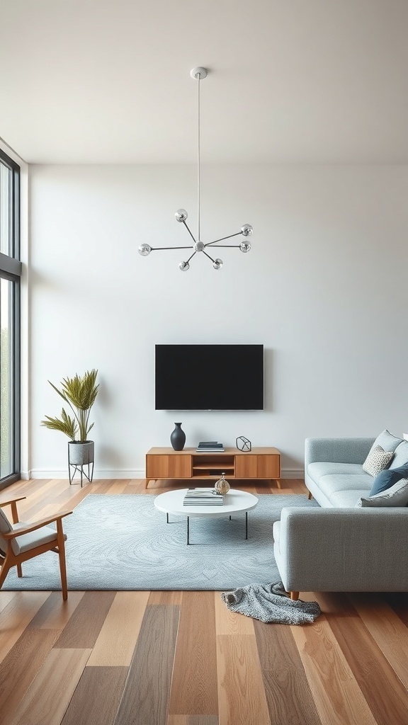 A modern living room with a couch, coffee table, and TV, showcasing a sleek design but lacking functional elements.